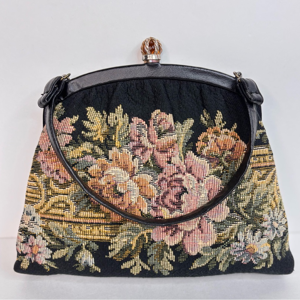 Vintage 1950’s Harry Levine Jewel Kiss Clasp Floral Tapestry Purse Leather Strap